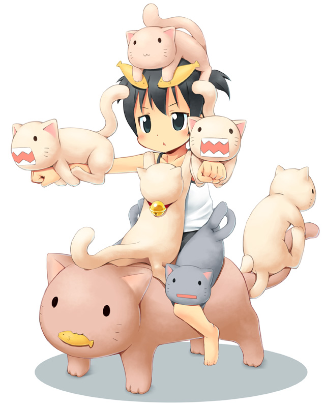 aikei_ake, barefoot, bell, black_eyes, black_hair, cat, cat_focus, child