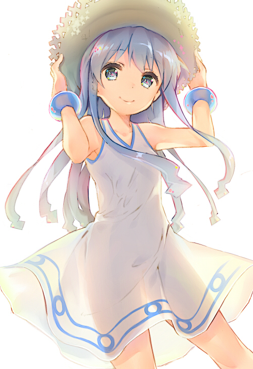 bare_shoulders, blue_eyes, blue_hair, bracelet, dress, ds_mairu, face, flat_chest