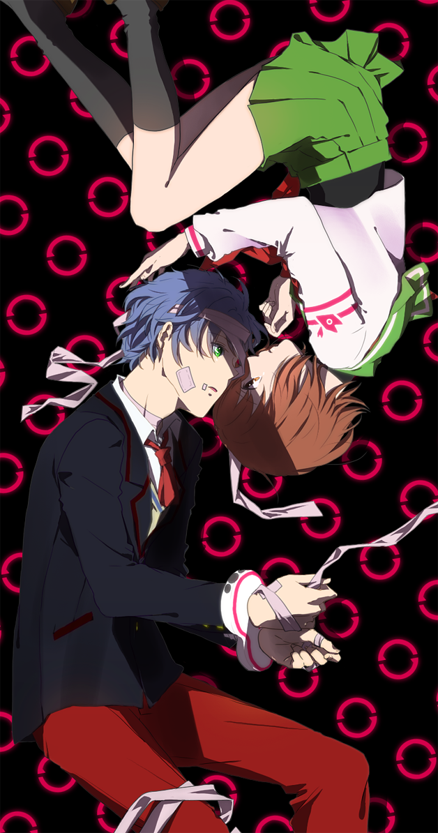 blue_hair, bob_cut, brown_eyes, brown_hair, cuffs, green_eyes, handcuffs, mawaru_penguindrum