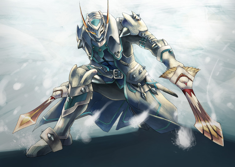 armor, barioth_(armor), capcom, dual_wielding, glowing, glowing_eye, monster_hunter, monster_hunter_3_g