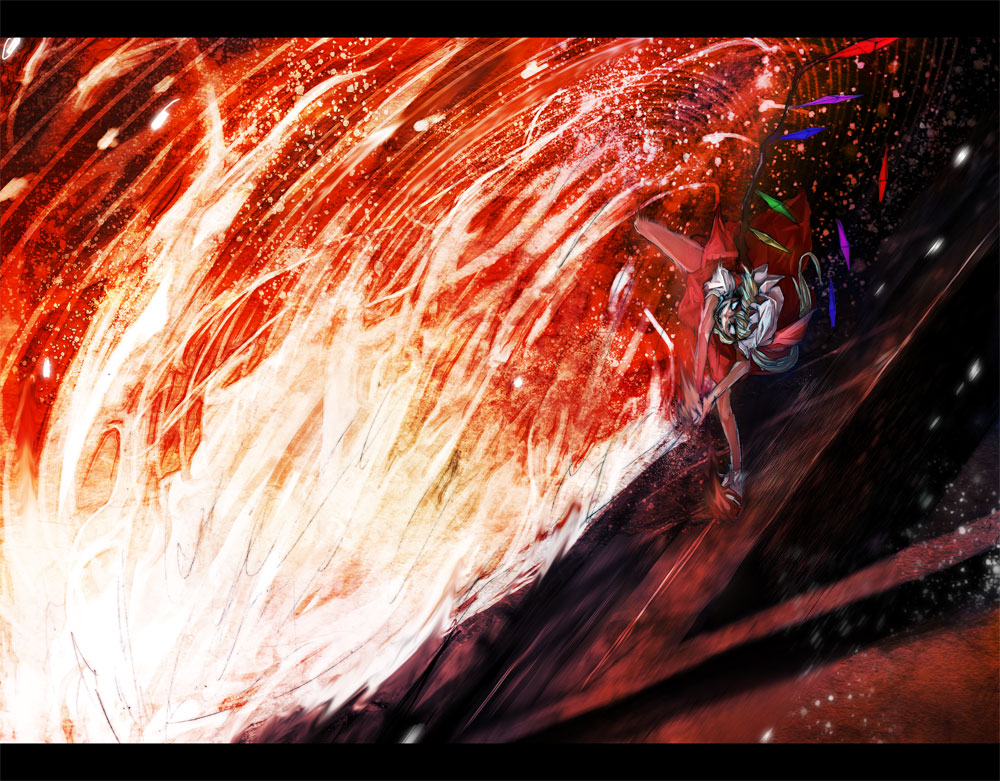 blonde_hair, crazy_eyes, crazy_smile, dress, flandre_scarlet, hat, hat_ribbon, laevatein