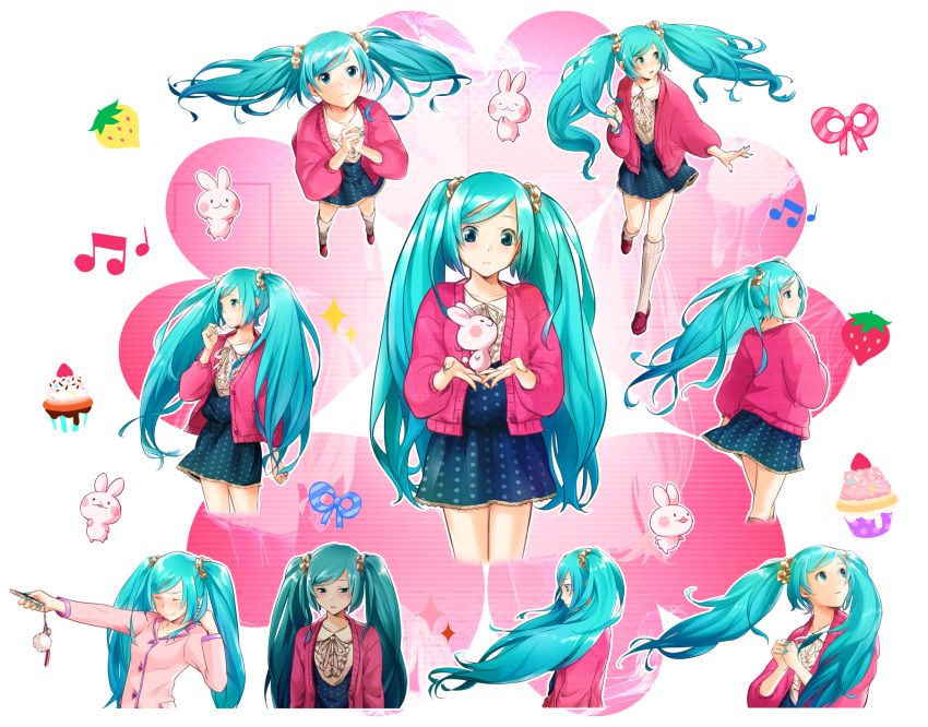 aqua_hair, blush, bunny, cardigan, cellphone, downcast_eyes, floating_hair, from_above, hands_together, hatsune_miku, highres, kneehighs, long_hair, looking_up, matsuda_suzuri, perspective, phone, rabbit, scrunchie, skirt, twintails, various_positions, vertical-striped_legwear, vertical_stripes, very_long_hair, vocaloid