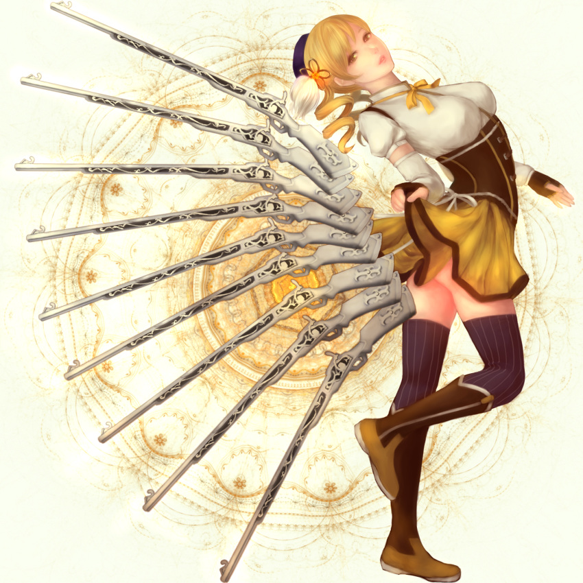 ass, beret, blonde_hair, boots, breasts, corset, detached_sleeves, drill_hair