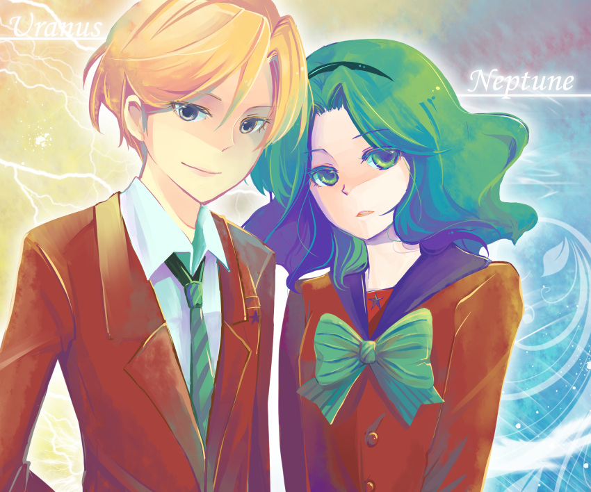bishoujo_senshi_sailor_moon, blonde_hair, bow, character_name, formal, green_eyes, green_hair, grey_eyes