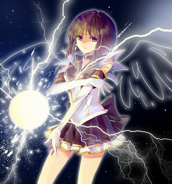 bishoujo_senshi_sailor_moon, black_eyes, black_hair, bob_cut, bow, choker, earrings, elbow_gloves, gloves, jewelry, kazhi, magic, magical_girl, pleated_skirt, ribbon, sailor_collar, sailor_moon_musical, sailor_saturn, short_hair, skirt, solo, tiara, tomoe_hotaru, white_gloves, wings