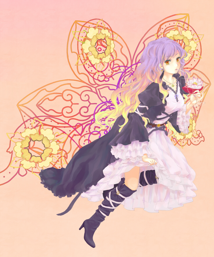 boots, cup, drinking, flower, frilled_sleeves, gradient_hair, high_heels, hijiri_byakuren