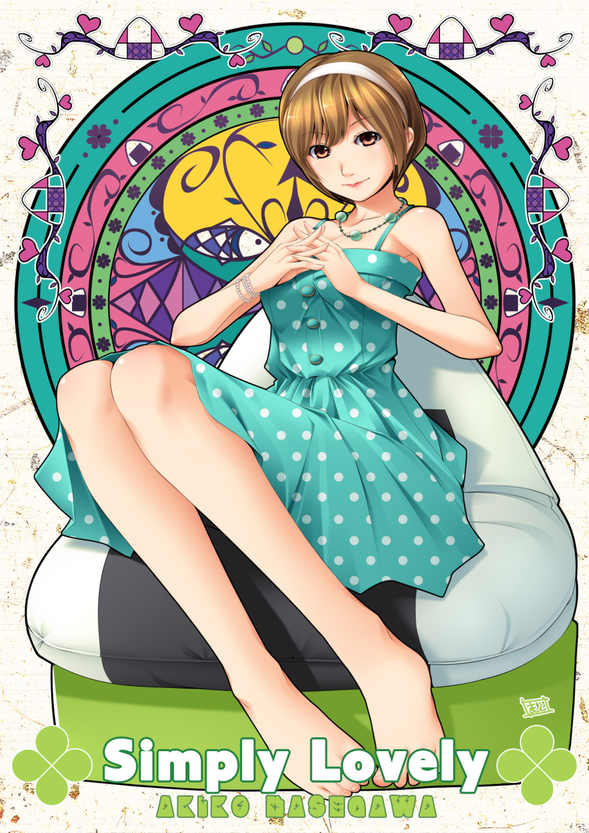 bracelet, brown_hair, clover, copyright_request, dress, four-leaf_clover, hairband, hands_clasped, hasegawa_akiko, highres, interlocked_fingers, jewelry, lips, maichaso, necklace, short_hair, sitting, smile, solo