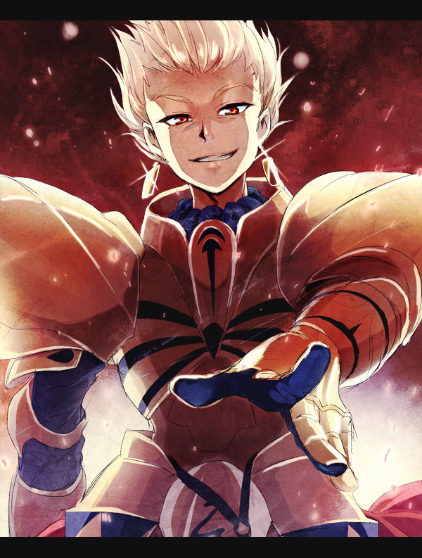 armor, blonde_hair, chako_(pukko), earrings, fate/stay_night, fate/zero, fate_(series), gilgamesh, grin, jewelry, letterboxed, looking_at_viewer, male, open_mouth, pointing, pointing_at_viewer, pukko, red_eyes, short_hair, smile, solo, teeth