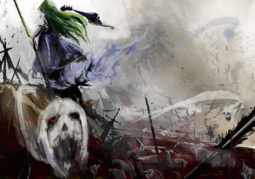 battlefield, blood, corpse, faux_traditional_media, from_behind, gauntlets, ghost, green_hair