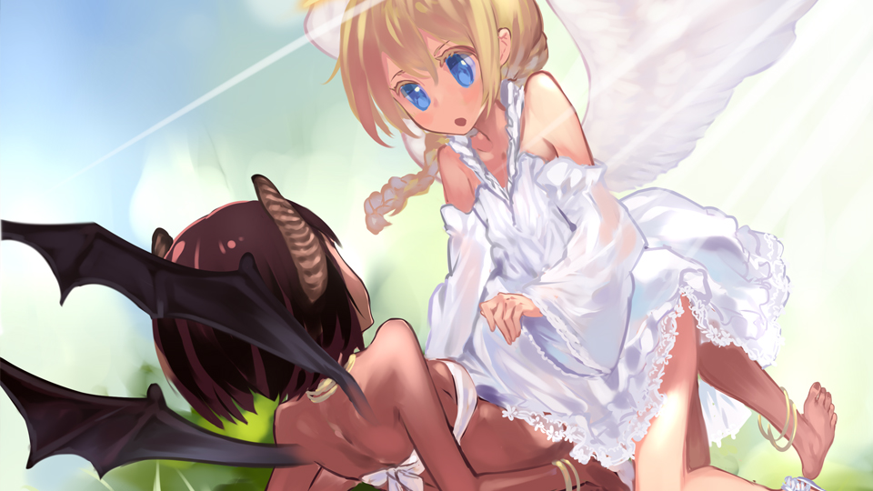 angel, angel_and_devil, angel_wings, anklet, bare_shoulders, barefoot, bat_wings, black_hair