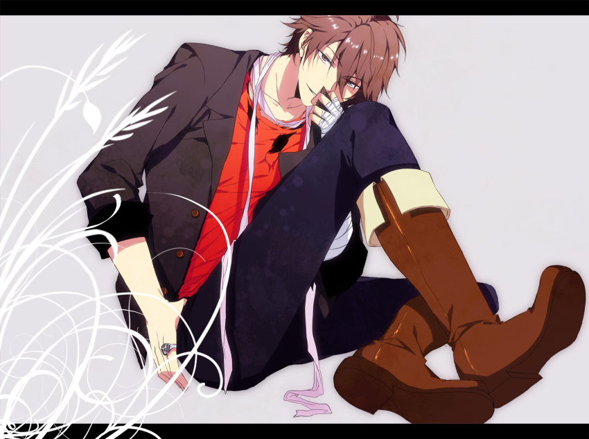 bandage, bandages, boots, brown_eyes, brown_hair, highres, jewelry, male