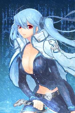 belt, blue_hair, breasts, cleavage, coat, earrings, jewelry, large_breasts