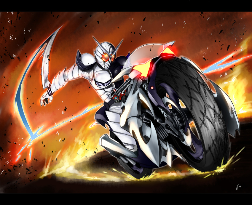 antenna, arm_blade, blade, dutch_angle, henshin, highres, k_tsukumo, kamen_rider