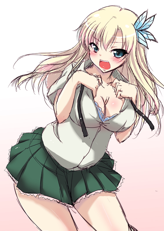 blue_eyes, blush, boku_wa_tomodachi_ga_sukunai, breasts, butterfly_hair_ornament, cleavage, gradient, gradient_background, hair_ornament, kashiwazaki_sena, long_hair, looking_at_viewer, open_mouth, school_uniform, sketch, solo, tsukishiro_kou, undressing