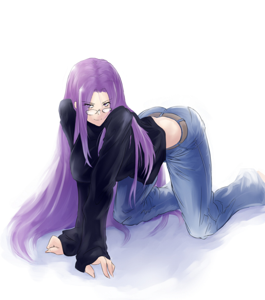all_fours, ass, baggy_clothes, breasts, fate/stay_night, fate_(series), glasses, highres, jeans, large_breasts, long_hair, negresco, pince-nez, purple_eyes, purple_hair, rider, seductive_smile, solo, sweater, very_long_hair, violet_eyes