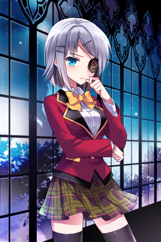 aqua_eyes, blazer, blue_eyes, bow, eyepatch, hair_ornament, hairclip, hand_on_cheek
