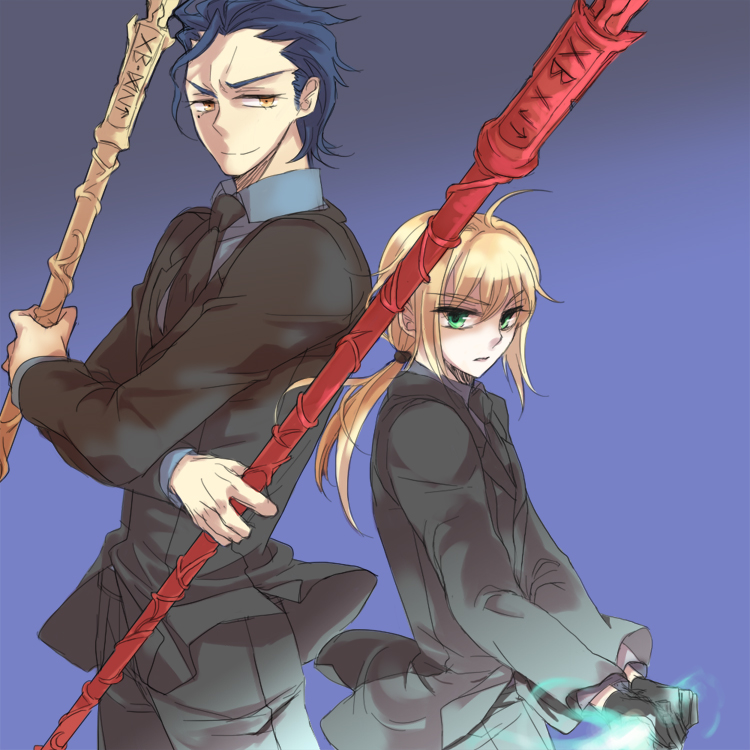 black_gloves, black_hair, blonde_hair, dual_wielding, excalibur, fate/stay_night, fate/zero, fate_(series), formal, gae_buidhe, gae_dearg, gloves, green_eyes, lancer_(fate/zero), male, mole, necktie, oksisi, pant_suit, polearm, ponytail, saber, smile, spear, suit, sword, weapon, yellow_eyes