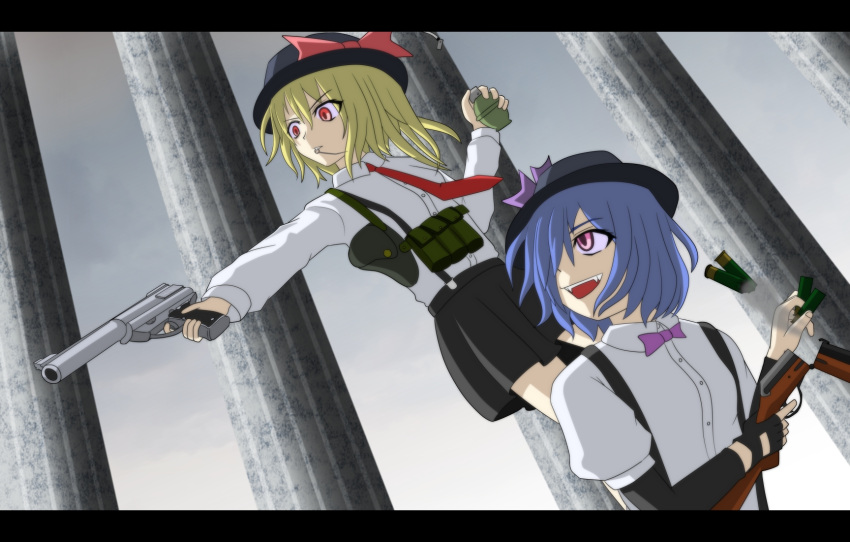 bad_id, blonde_hair, blue_hair, casing_ejection, explosive, fangs, fingerless_gloves, flandre_scarlet