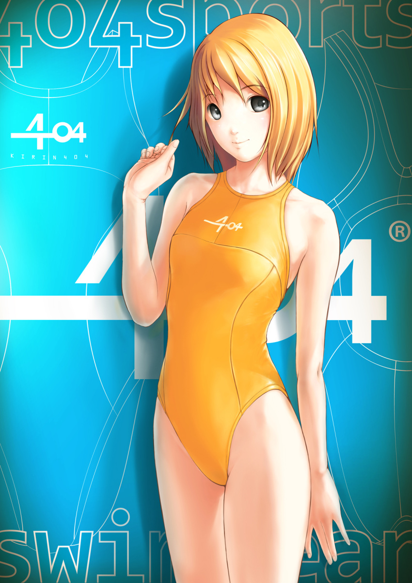 blonde_hair, competition_swimsuit, green_eyes, highres, kirin404, one-piece_swimsuit, original, short_hair