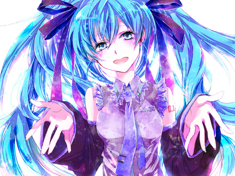 aqua_hair, detached_sleeves, frills, green_eyes, hair_ribbon, hatsune_miku, head_tilt, long_hair