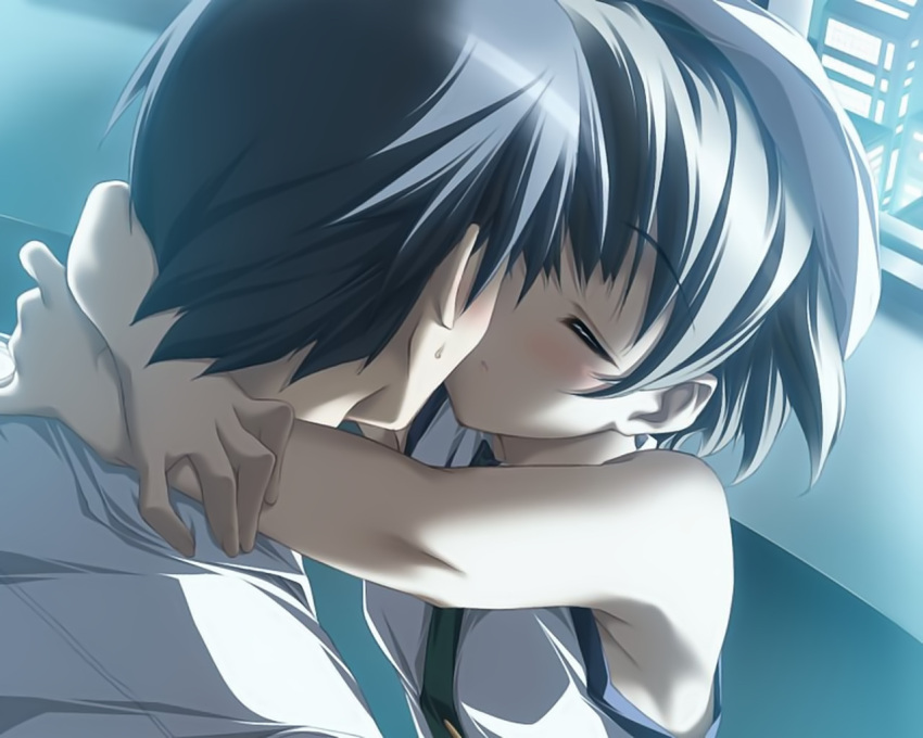artist_request, bare_arms, bare_shoulders, black_hair, blush, closed_eyes, couple, fujisaki_asahi