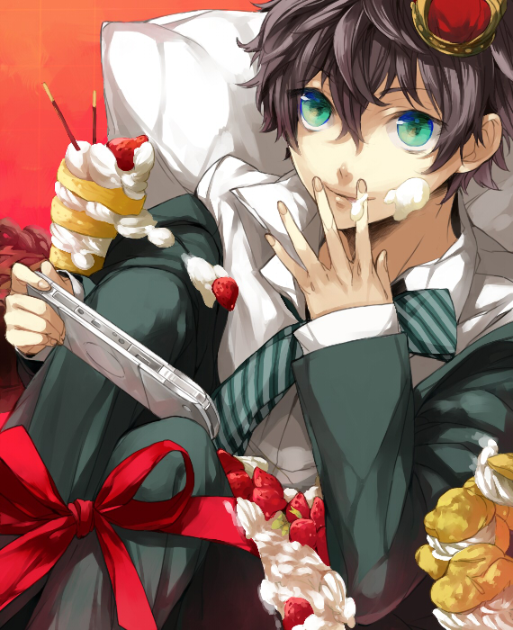bad_id, brown_hair, food, food_on_face, fruit, green_eyes, kirihara_akaya, male, playstation_portable, pocky, psp, short_hair, solo, soran21, strawberry, sweets, tennis_no_ouji-sama