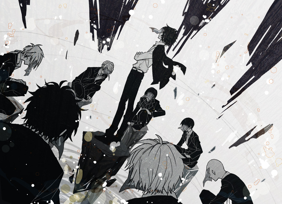 drr_saku, dutch_angle, kirihara_akaya, kuwahara_jackal, male, marui_bunta, monochrome, multiple_boys