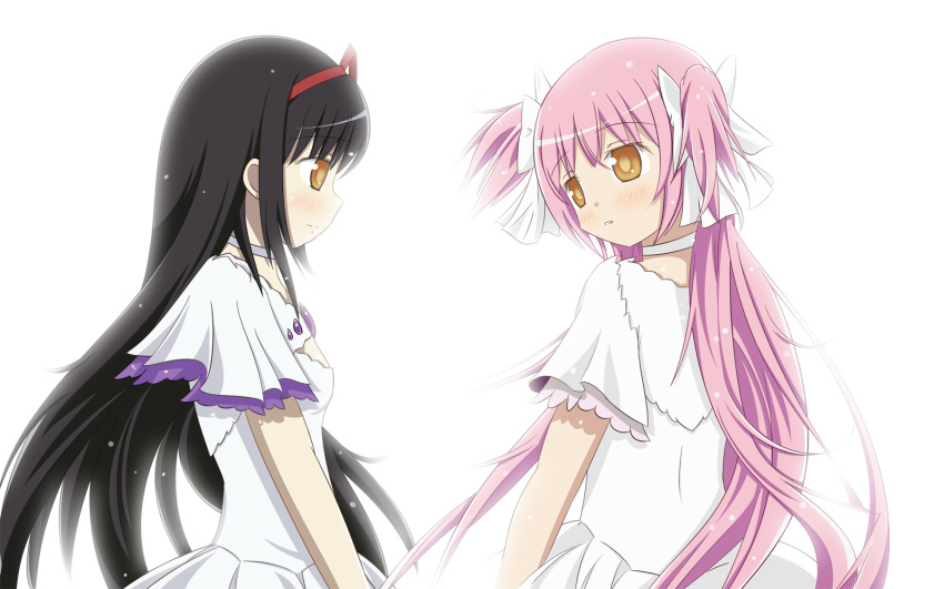akemi_homura, black_hair, cosplay, eye_contact, goddess_madoka, hair_ribbon, highres, kaname_madoka