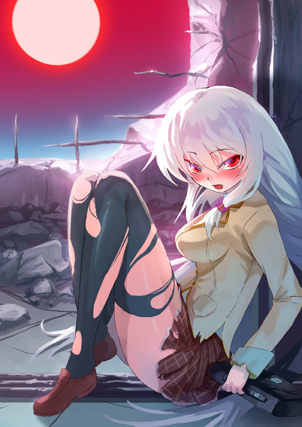 blush, breasts, destruction, full_moon, hair_intakes, hokuto_shinken, large_breasts, legs