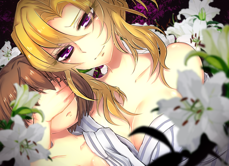 bad_id, bathrobe, blonde_hair, blurry, bob_cut, breasts, brown_hair, cleavage