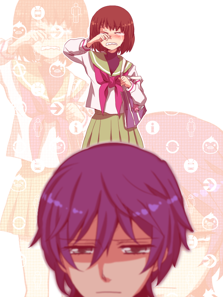 bag, bird, blue_hair, blurry, bob_cut, brown_hair, depth_of_field, mawaru_penguindrum