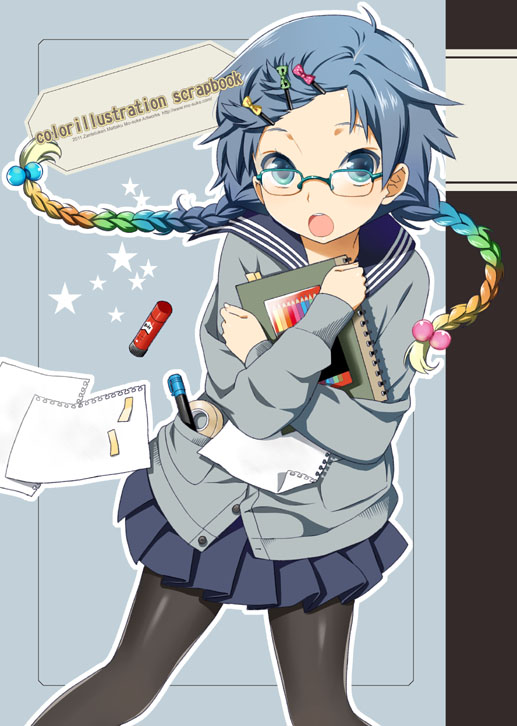 bad_id, black_legwear, blue-framed_glasses, blue_eyes, blue_hair, book_hug, braid, cardigan
