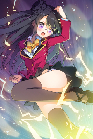 amy_(sword_girls), ass, black_hair, bow, cherrypin, council_treasurer_amy, glasses, long_hair, lowres, open_mouth, panties, plaid, plaid_skirt, pleated_skirt, purple_eyes, school_uniform, shoes, skirt, solo, sword_girls, thigh-highs, thighhighs, underwear, violet_eyes