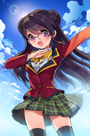amy_(sword_girls), angry, black_hair, bow, cherrypin, council_treasurer_amy, glasses, lens_flare, long_hair, long_sleeves, looking_down, lowres, open_mouth, outstretched_arm, plaid, plaid_skirt, pleated_skirt, pose, purple_eyes, school_uniform, skirt, solo, sword_girls, thigh-highs, thighhighs, violet_eyes