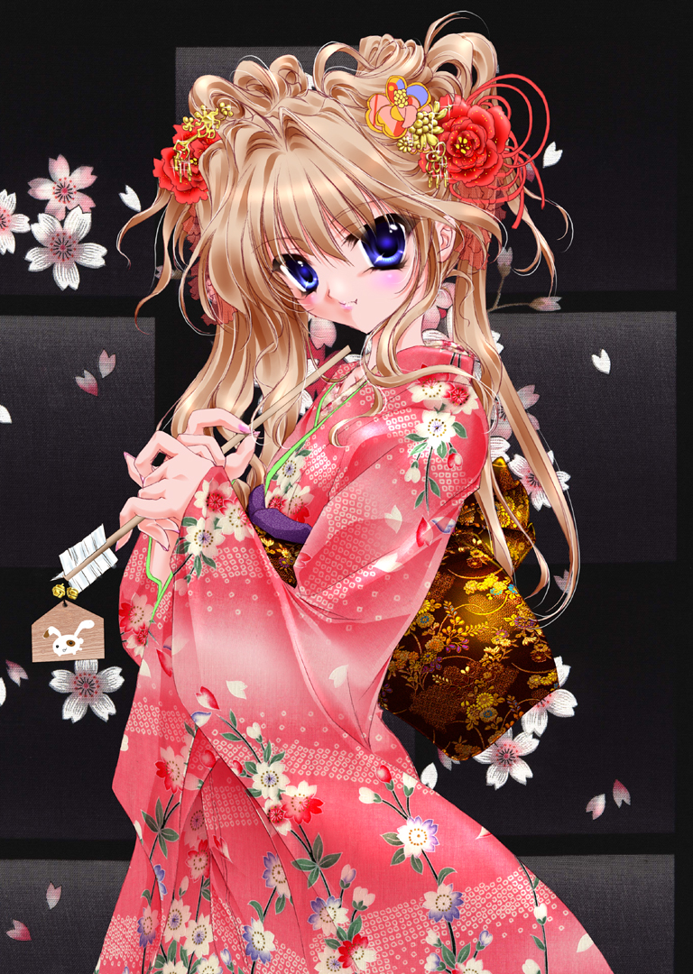 blush, brown_hair, flower, hair_ornament, japanese_clothes, kimono, mashiroiro_symphony, nail_polish