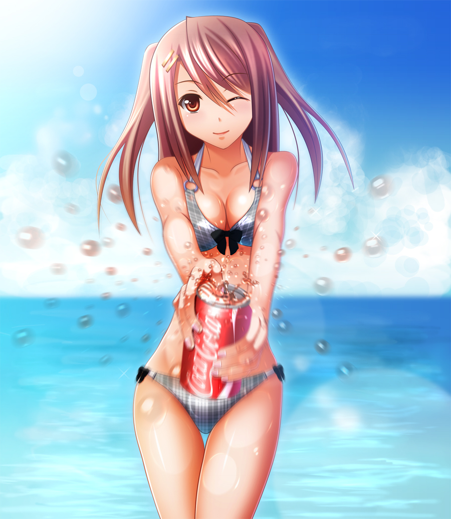 bikini, blurry, blush, bow, breasts, brown_eyes, brown_hair, cleavage