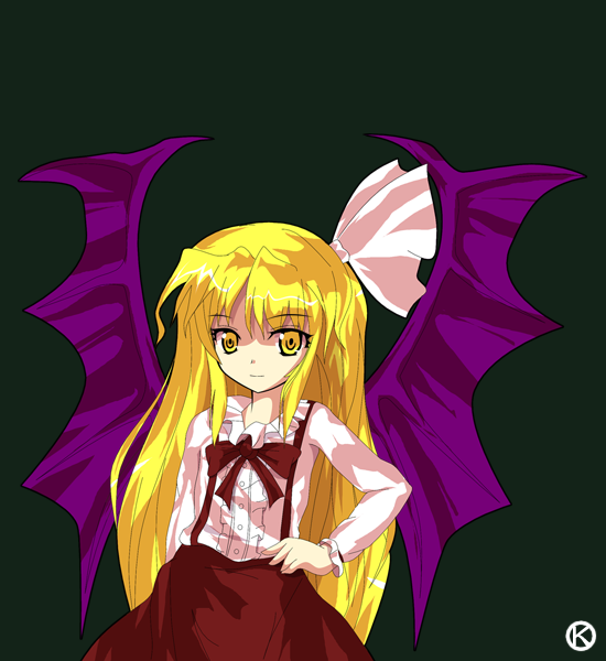 alphes_(style), bat_wings, blonde_hair, bow, brown_dress, dress, dress_shirt, green_background