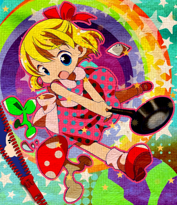 blue_eyes, bow, child, doseisan, dress, frying_pan, grass, hair_bow, mother_(game), mother_2, mushroom, naruki, open_mouth, paula_polestar, polka_dot, psychedelic, rainbow, star, ufo, zipper