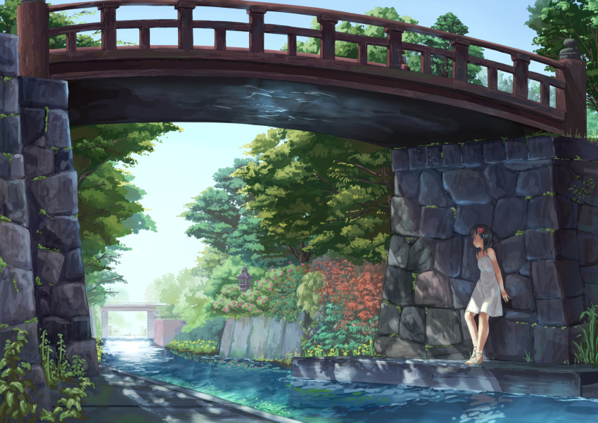 black_eyes, black_hair, bridge, dress, eichisu, faux_traditional_media, flower, forest