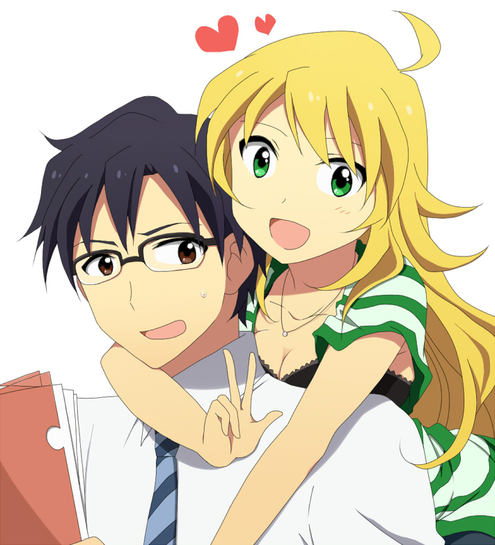 blonde_hair, brown_eyes, glasses, green_eyes, hoshii_miki, hug, idolmaster, nanananona