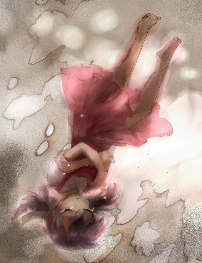barefoot, brown_hair, child, closed_eyes, dress, eyes_closed, hair_ribbon, kaai_yuki