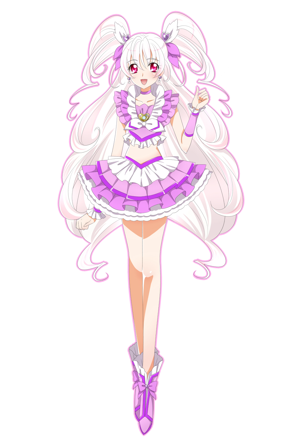 albino, choker, cure_humming, dress, earrings, hair_ornament, hair_ribbon, hairpin, heart, highres, hummy_(suite_precure), jewelry, kagami_chihiro, long_hair, magical_girl, midriff, original, personification, pink_eyes, precure, ribbon, shoes, simple_background, smile, suite_precure, twintails, what_if, white_hair, wrist_cuffs