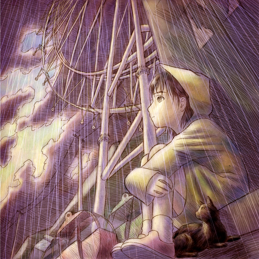 brown_hair, cat, cloud, dutch_angle, ferris_wheel, original, rain, raincoat