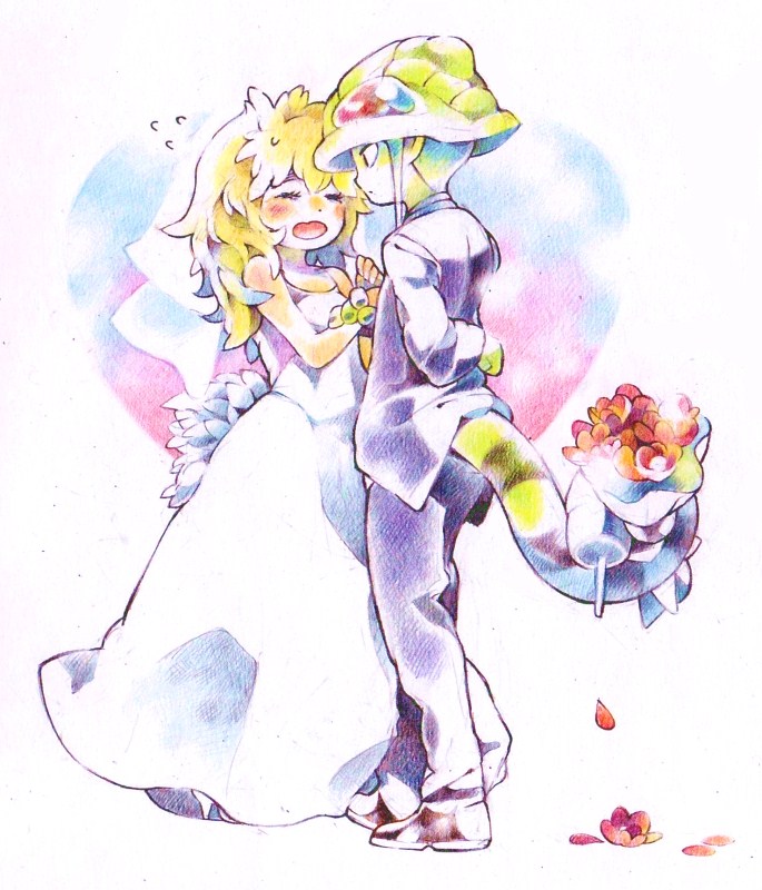 1girl, blind, blonde_hair, blush, bouquet, bridal_veil, couple, dress