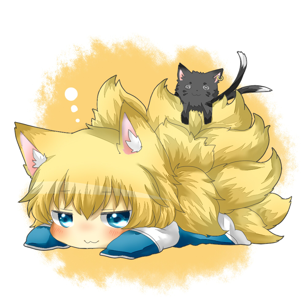 2girls, animal_ears, blonde_hair, blue_dress, blue_eyes, blush, cat, cat_on_person