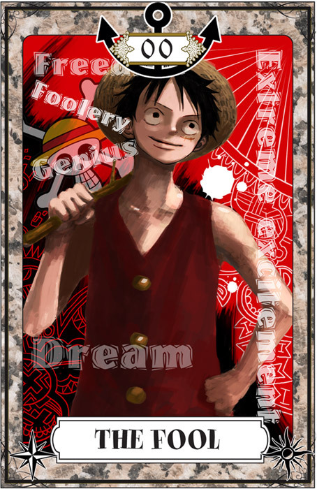 anchor, black_hair, english, hat, igarashi_(wp13), male, monkey_d_luffy, one_piece, scar, short_hair, solo, straw_hat, straw_hats_jolly_roger, tarot