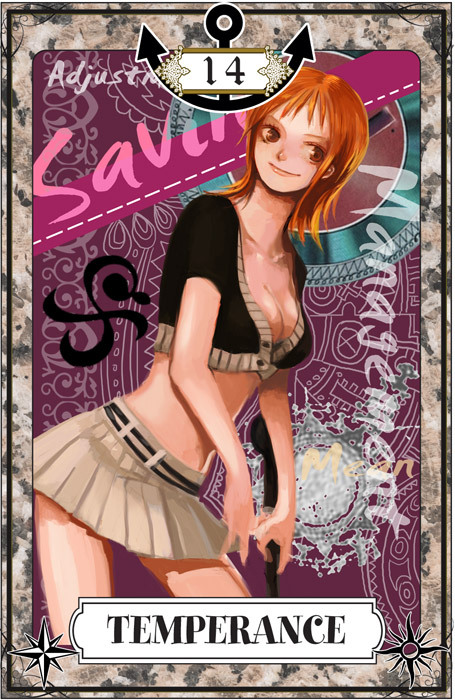 breasts, cleavage, english, igarashi_(wp13), nami, one_piece, orange_hair, skirt