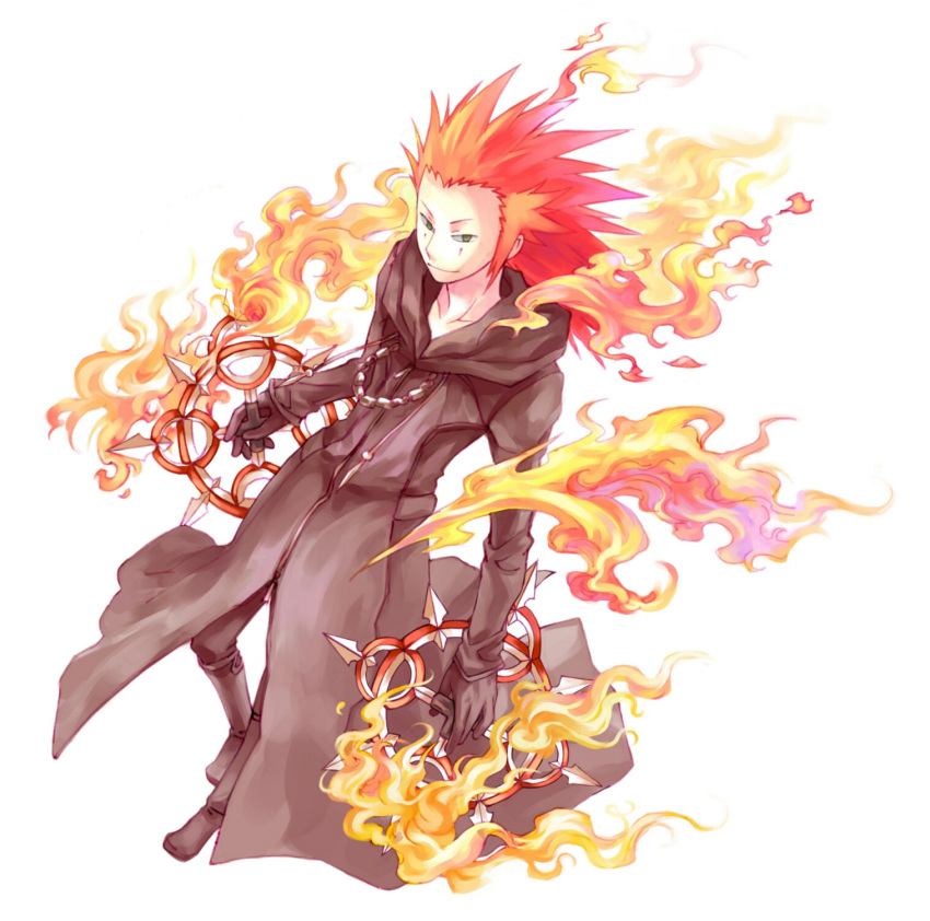 axel, boots, chakram, cloak, emonana, facial_mark, fire, gloves, green_eyes, highres, kingdom_hearts, male, red_hair, redhead, solo, weapon