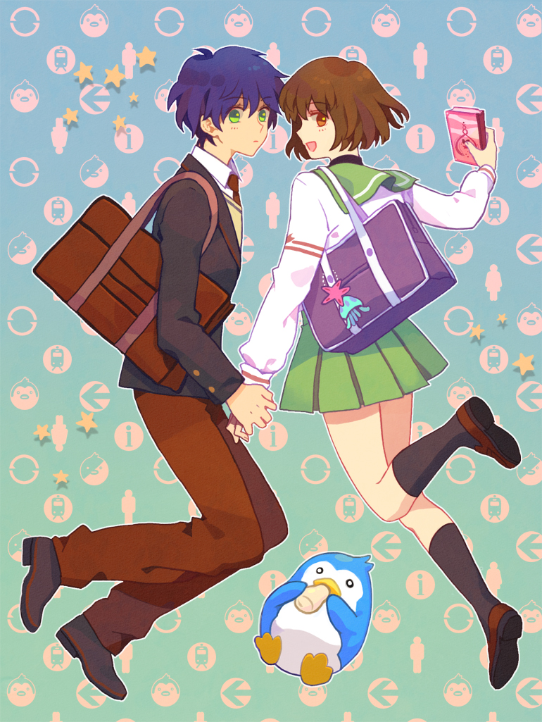 blue_hair, bob_cut, bookbag, brown_eyes, brown_hair, diary, green_eyes, hand_holding, holding_hands, jellyfish, mawaru_penguindrum, oginome_ringo, penguin_2-gou, pleated_skirt, school_uniform, serafuku, short_hair, sinkobo, skirt, star, starfish, takakura_shouma