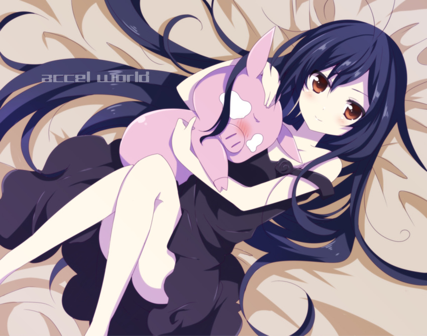 accel_world, announcement_celebration, antenna_hair, arita_haruyuki, bare_shoulders, bed_sheet, black_hair, blush, convenient_censoring, convenient_leg, dress, hug, kuro_yuki_hime, kuroyukihime, long_hair, looking_at_viewer, lying, mishima_kurone, off_shoulder, on_back, orange_eyes, pale_skin, pig, smile, solo, strap_slip, title_drop, very_long_hair